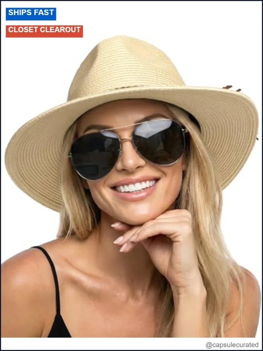 Wide Brim Straw Sun Hat Fedora Packable Travel UPF 50+ Adjustable Braided Strap